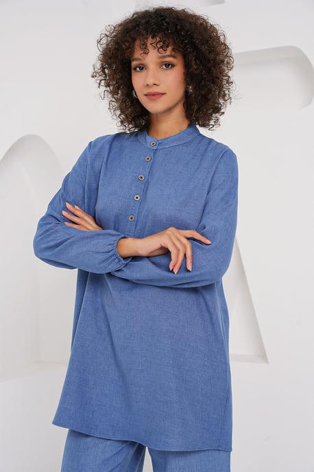 Gestructureerde Linnenmix Langsleevetunika en Wijde Pantalon Set - Image 4