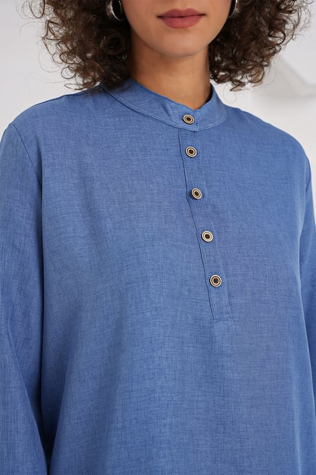 Gestructureerde Linnenmix Langsleevetunika en Wijde Pantalon Set - Image 5