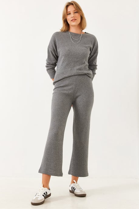 Ribbad Texturerad Crew-Neck Tröja och Byxor Set - Image 2