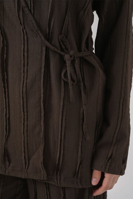 Texturerad V-ringad kimono med knyt-detalj och vida byxor set - Image 4