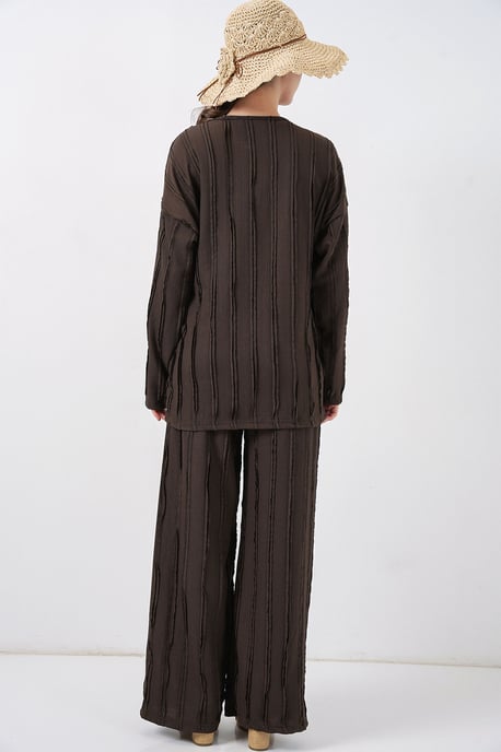 Texturerad V-ringad kimono med knyt-detalj och vida byxor set - Image 5