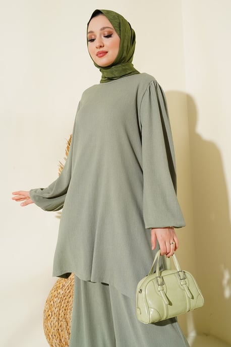 Textured Long Sleeve Tunic and Wide Leg Pants Set - Image 2