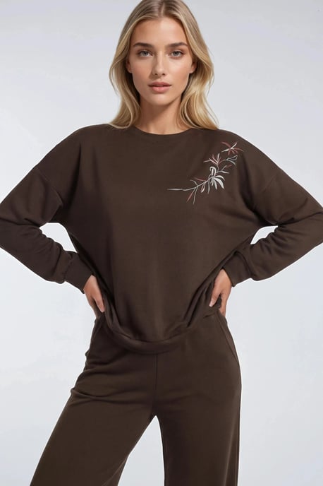 Broderad crew neck sweatshirts och rak benbyxor tvådelat set - Image 2