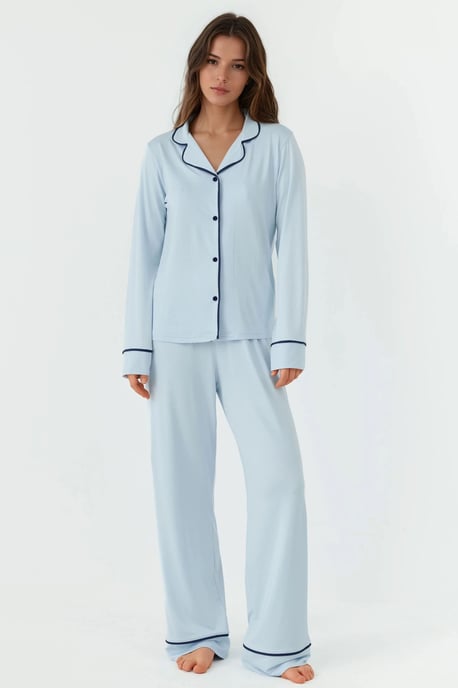 Relaxed Fit Long Sleeve Extra Soft Touch Pajama Set with Shirt Collar - Image 1