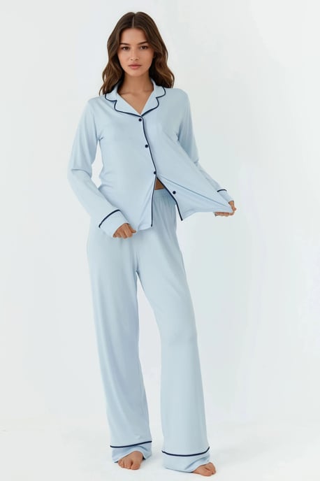 Avslappnad passform långärmad pyjamasuppsättning i extra mjukt material med krage - Image 6