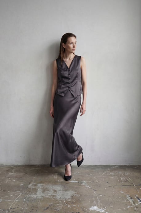 V-hals Vest & Maxi Rok Satijnen Twee-Delige Set - Image 1