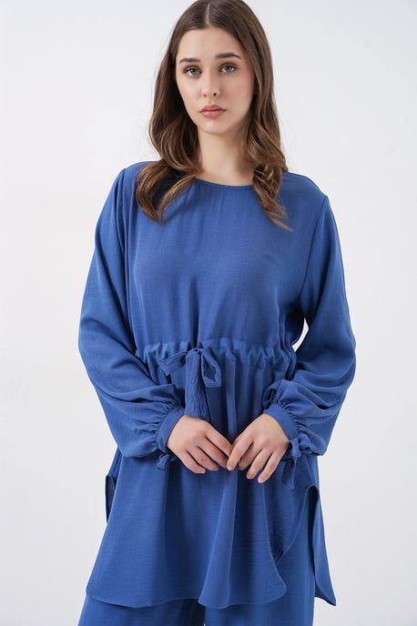 Crew Neck Tie Detail Tuniek en Wijde Pantalon Set - Image 3