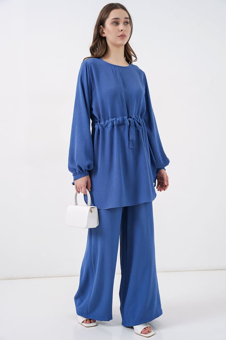 Crew Neck Tie Detail Tuniek en Wijde Pantalon Set - Image 4