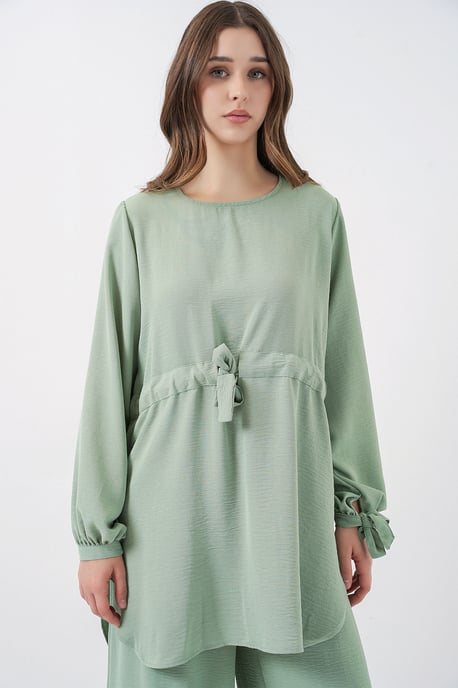 Crew Neck Tie Detail Tuniek en Wijde Pantalon Set - Image 2