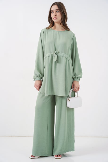 Crew Neck Tie Detail Tuniek en Wijde Pantalon Set - Image 3