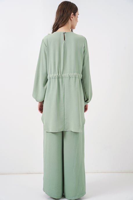 Crew Neck Tie Detail Tuniek en Wijde Pantalon Set - Image 5