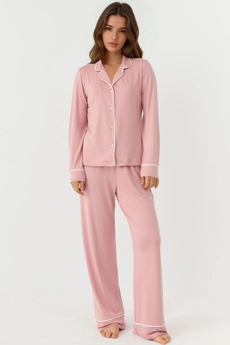 Relaxed Fit Long Sleeve Extra Soft Touch Pajama Set with Shirt Collar - Image 1