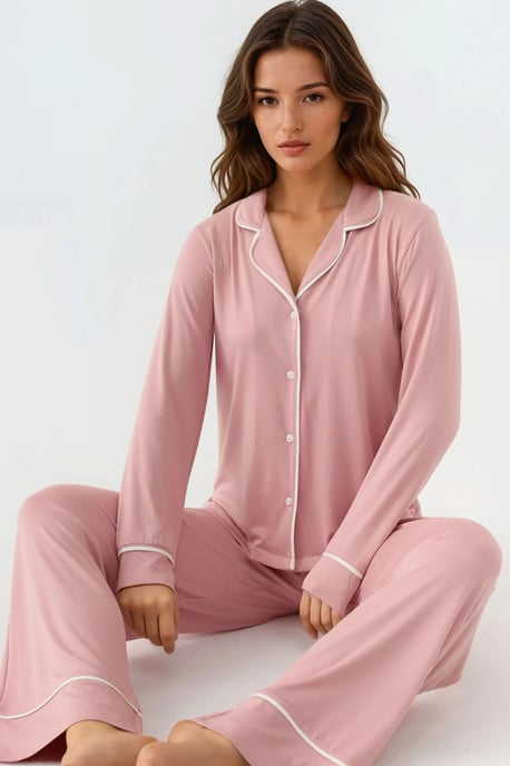 Relaxed Fit Long Sleeve Extra Soft Touch Pajama Set with Shirt Collar - Image 2