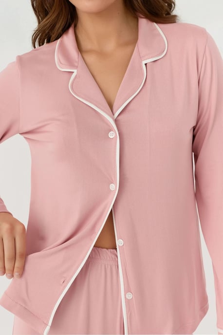 Relaxed Fit Long Sleeve Extra Soft Touch Pajama Set with Shirt Collar - Image 4