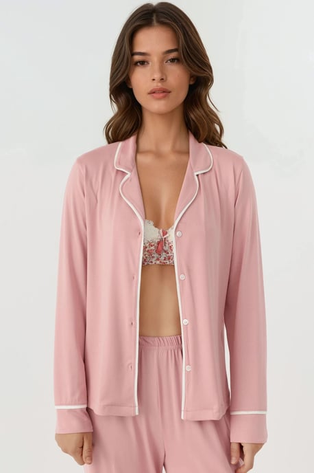 Relaxed Fit Long Sleeve Extra Soft Touch Pajama Set with Shirt Collar - Image 6