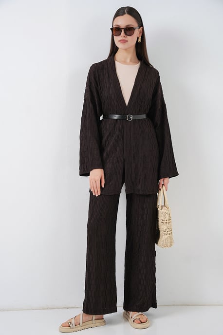 Textuur Kraag Kimono Broek Set - Image 1