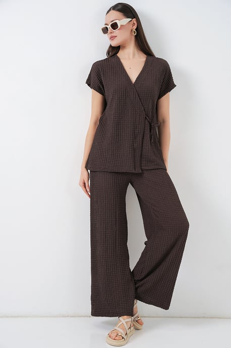 Gestructureerde V-hals Met Strikdetail Twee-delig Co-ord Set - Image 1