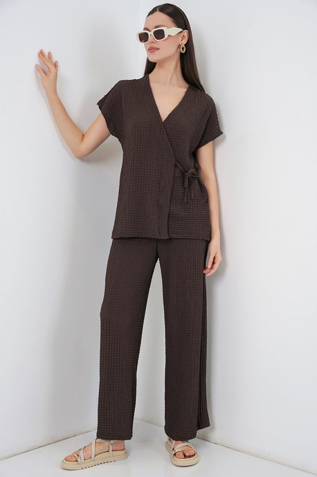 Gestructureerde V-hals Met Strikdetail Twee-delig Co-ord Set - Image 4