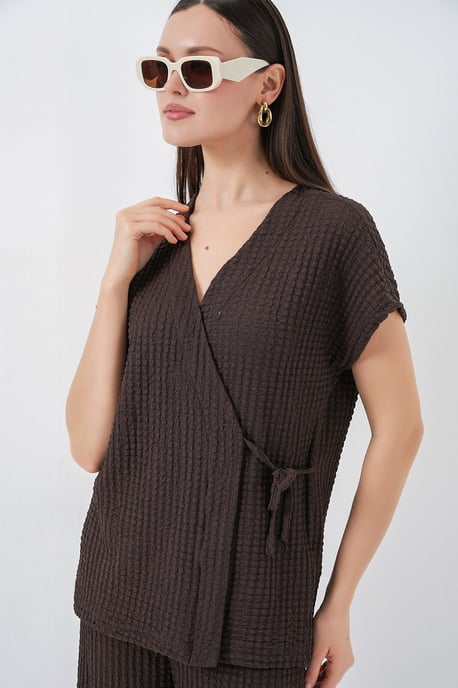 Gestructureerde V-hals Met Strikdetail Twee-delig Co-ord Set - Image 5