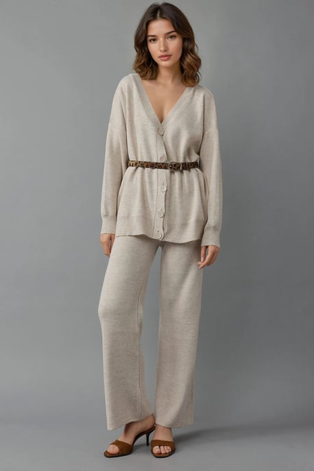V-hals Cardigan en Brede Pijpen Broekset - Image 1