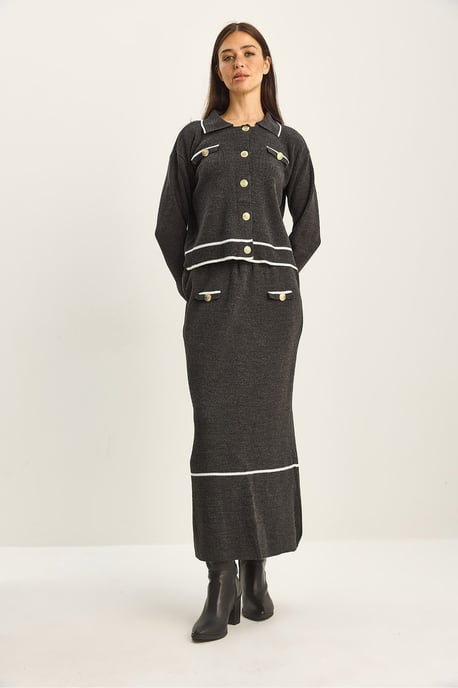 Geribbelde gebreide midi tweedelige set met knoopsluiting - Image 2