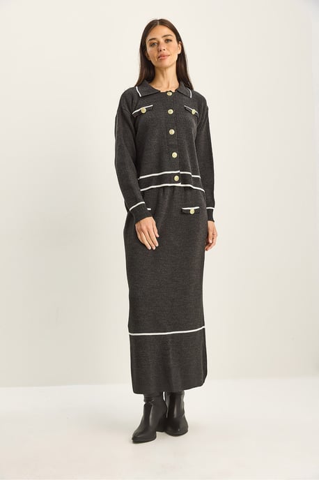 Geribbelde gebreide midi tweedelige set met knoopsluiting - Image 4
