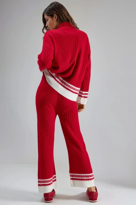 Randig ribbad stickad set med halvt polokrage - Image 3