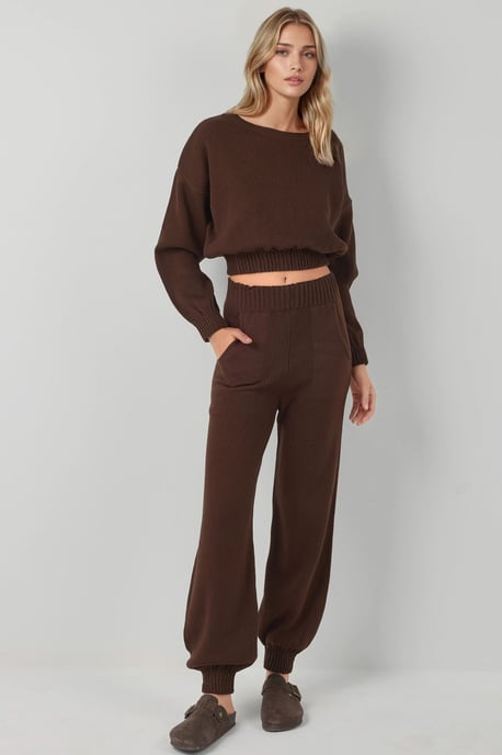 Ribbad Kort Cropped Crew Neck Tröja & Byxor med Elastiska Ärmavslut Stickad Set - Image 1