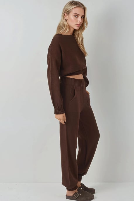 Ribbad Kort Cropped Crew Neck Tröja & Byxor med Elastiska Ärmavslut Stickad Set - Image 2