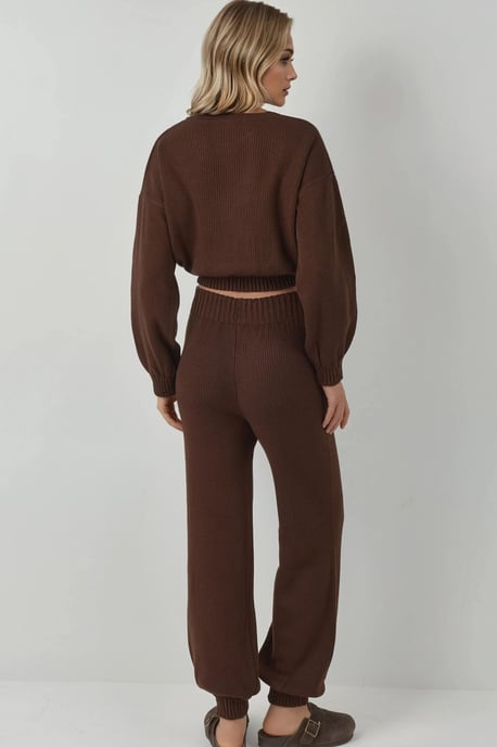 Ribbad Kort Cropped Crew Neck Tröja & Byxor med Elastiska Ärmavslut Stickad Set - Image 3
