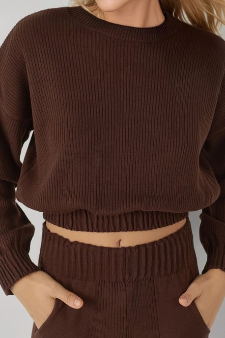 Ribbad Kort Cropped Crew Neck Tröja & Byxor med Elastiska Ärmavslut Stickad Set - Image 4