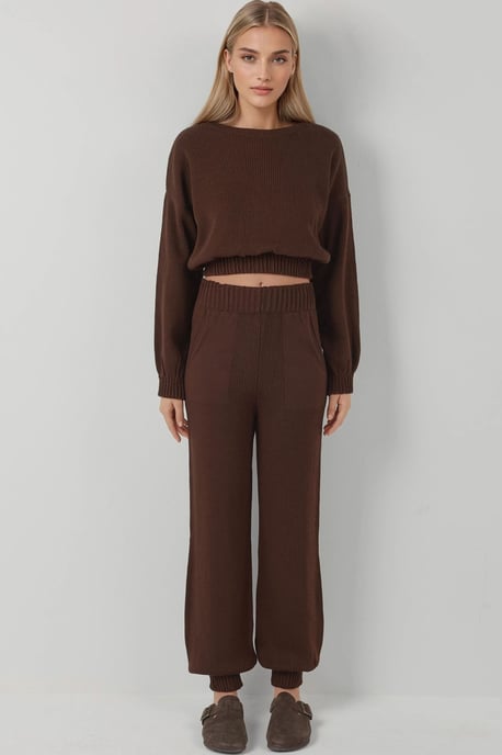 Ribbad Kort Cropped Crew Neck Tröja & Byxor med Elastiska Ärmavslut Stickad Set - Image 5