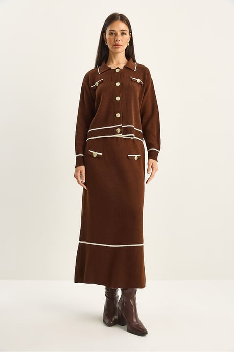 Geribbelde Breigoed Midi Twee-Piece Set met Knoopsluiting - Image 2