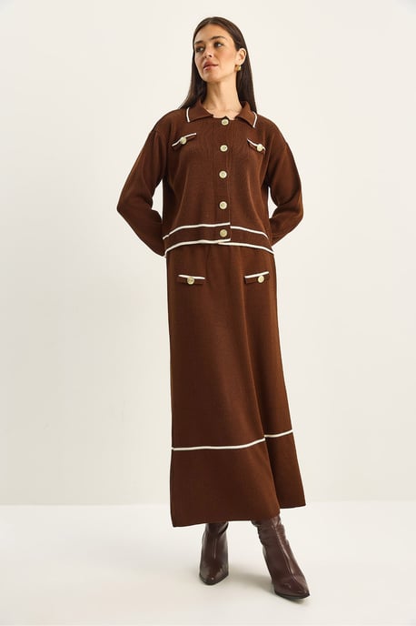 Geribbelde Breigoed Midi Twee-Piece Set met Knoopsluiting - Image 3