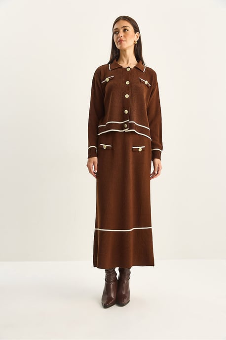 Geribbelde Breigoed Midi Twee-Piece Set met Knoopsluiting - Image 4