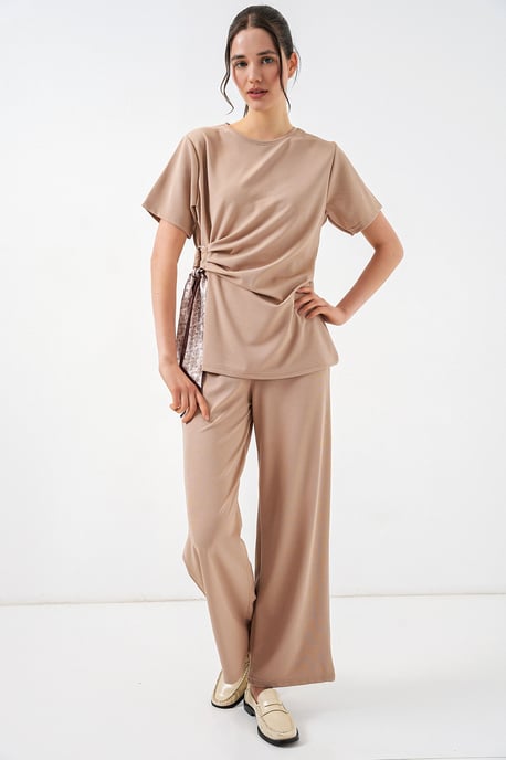 Crew Neck Tie Detail Ribbed Co-Ord Set with Wide Leg Trousers - Image 1