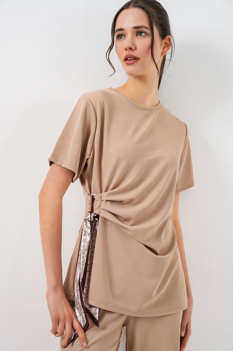 Crew Neck Tie Detail Ribbed Co-Ord Set with Wide Leg Trousers - Image 2