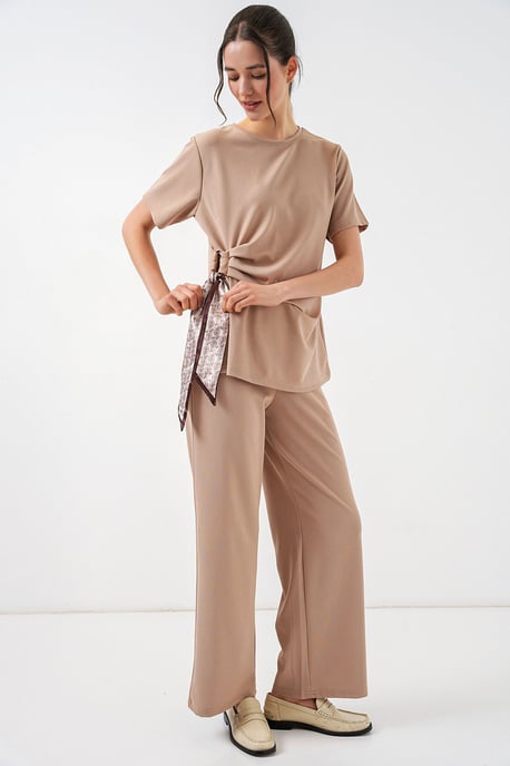 Crew Neck Tie Detail Ribbed Co-Ord Set with Wide Leg Trousers - Image 3