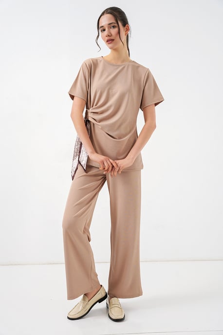 Crew Neck Tie Detail Ribbed Co-Ord Set with Wide Leg Trousers - Image 4