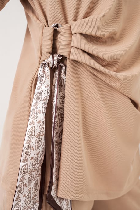 Crew Neck Tie Detail Ribbed Co-Ord Set with Wide Leg Trousers - Image 5