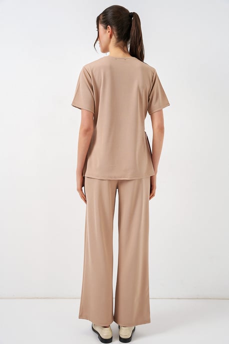Crew Neck Tie Detail Ribbed Co-Ord Set with Wide Leg Trousers - Image 6