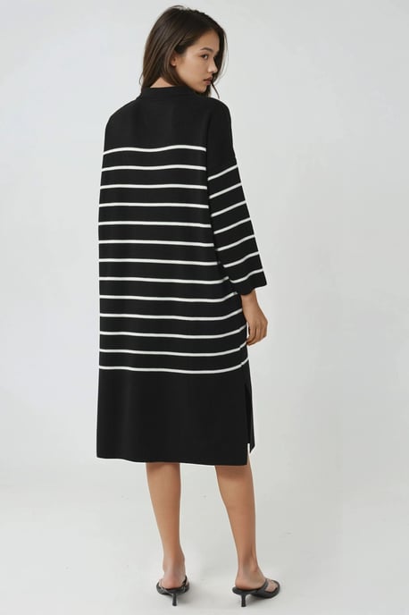 Gestreepte V-hals Losse Midi Trui Jurk met Split - Image 3