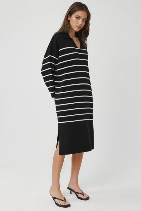 Gestreepte V-hals Losse Midi Trui Jurk met Split - Image 4