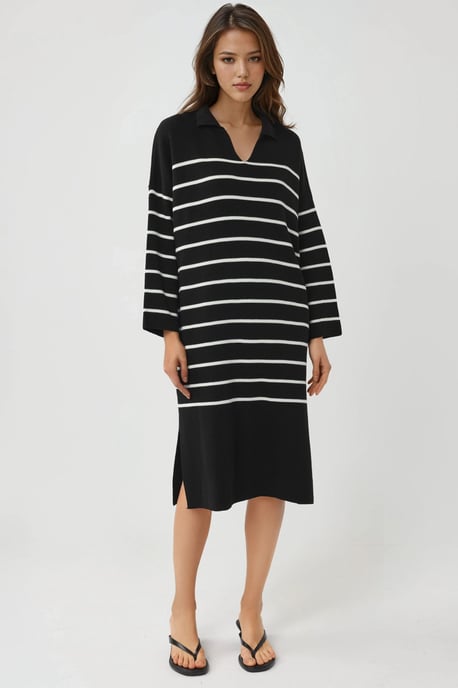 Gestreepte V-hals Losse Midi Trui Jurk met Split - Image 6
