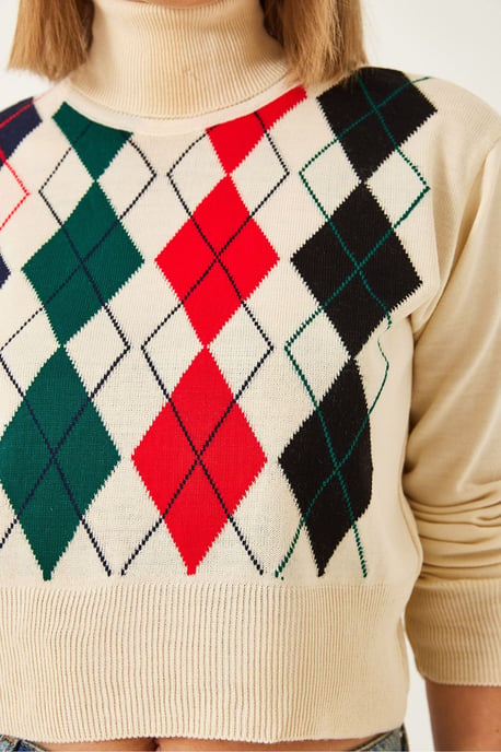 Geometrisk Jacquard Turtleneck Crop Stickad Topp - Image 2