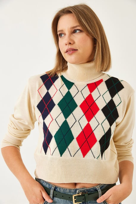 Geometrisk Jacquard Turtleneck Crop Stickad Topp - Image 4