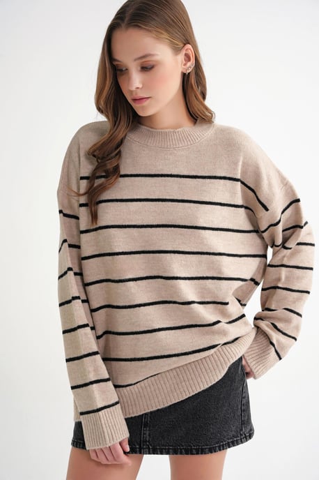Randig Crew Neck Avslappnad Stickad Tröja - Image 3