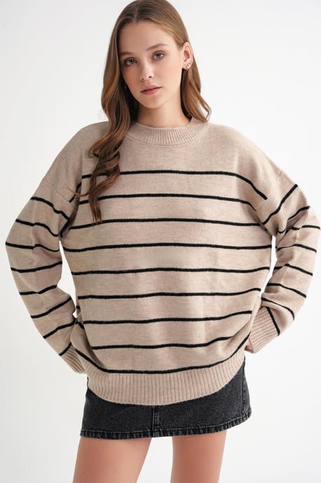 Randig Crew Neck Avslappnad Stickad Tröja - Image 4