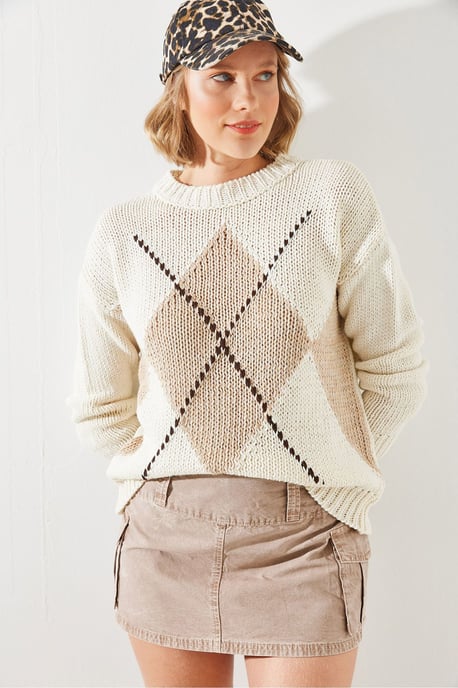 Geometric Pattern Knit Sweater with Crew Neck - Image 2