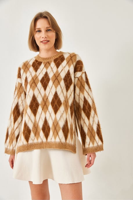 Crewneck Split Gebreide Trui in Baklava Patroon - Image 2